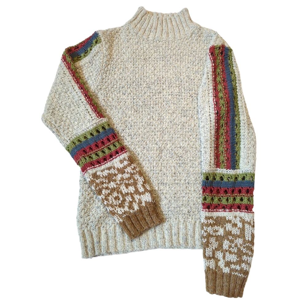 Mystree Mock Turtleneck Woven Sweater Nordic Fair Isle Sleeve Detail Women sze S